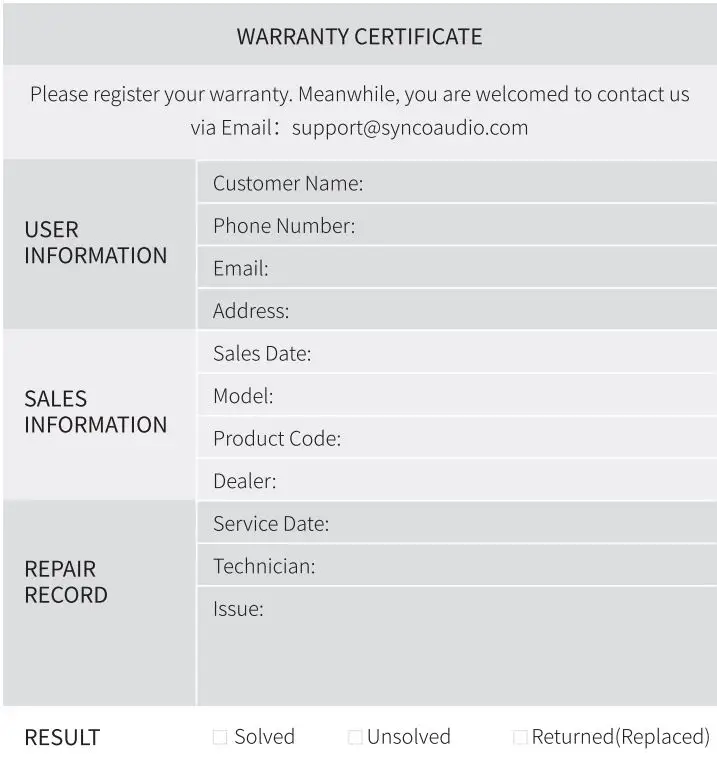 SYNCO G1 2.4Ghz Wireless Lavalier Microphone User Manual - Warranty Certificate