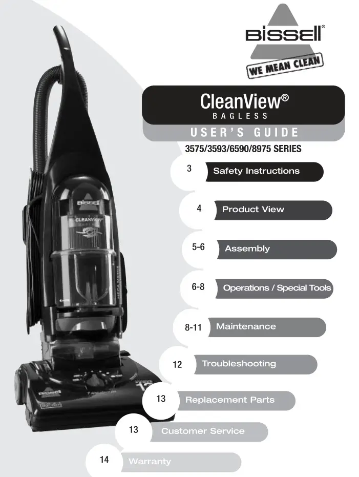 Bissell 3575, 3593, 6590, 8975 Series Cleanview Bagless User's Guide