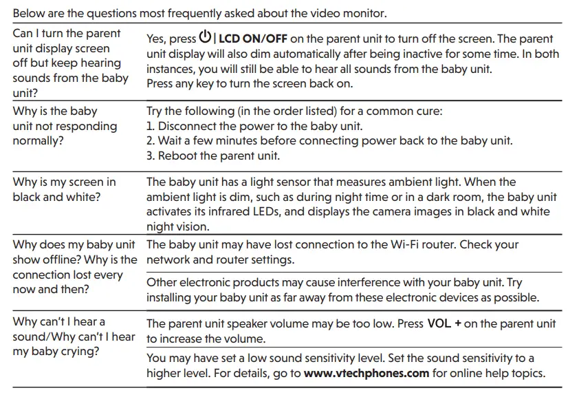 vtech RM7766-2HD Digital 5 Inch Video Monitor User Guide - Frequently asked questions