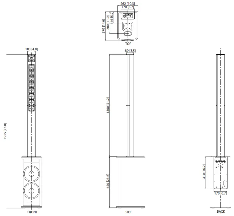 Turbosound 1,000 Watt Powered Column Loudspeaker - Dimensions