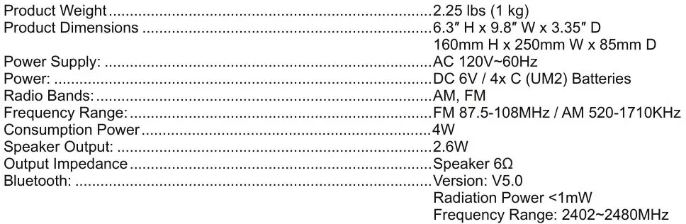 VICTROLA Bluetooth Boombox - SPECIFICATIONS