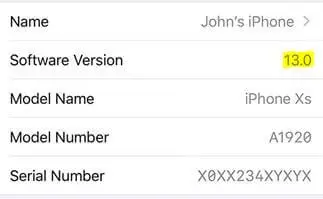 screenshot of list of software details. Software version 13.0 is highlighted in yellow