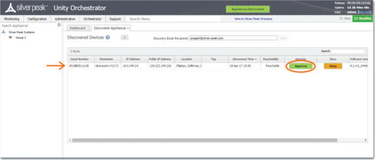 aruba EdgeConnect SD WAN Edge Platform - Discovered Appliance