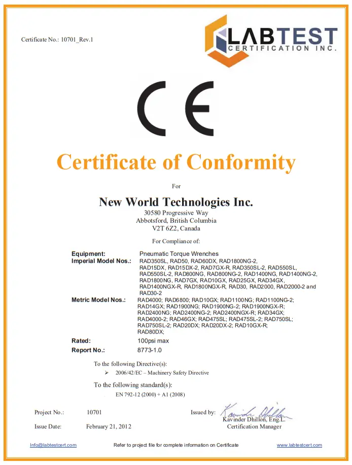 RAD 10GX R Pneumatic Torque Wrench - Certificate