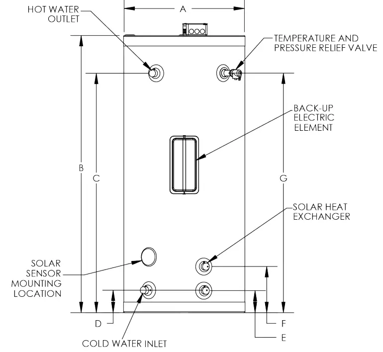 HTP SBN Series SSC50 Superstor Contender Glass Lined Indirect Water Heater - Specifications and Dimensions 2