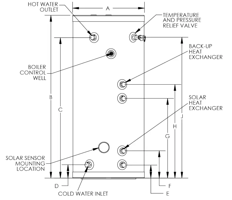 HTP SBN Series SSC50 Superstor Contender Glass Lined Indirect Water Heater - Specifications and Dimensions