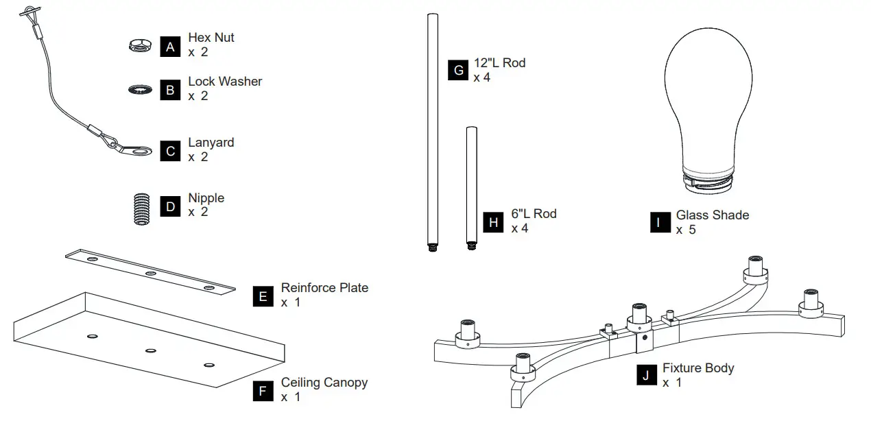QUOIZEL Ojai 5-Light Matte Black Linear Chandelier with Glass Shades - PACKAGE CONTENTS