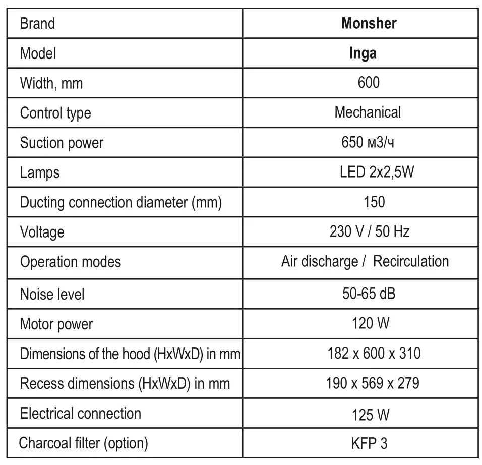 Monsher INGA Cooker Hood - product details