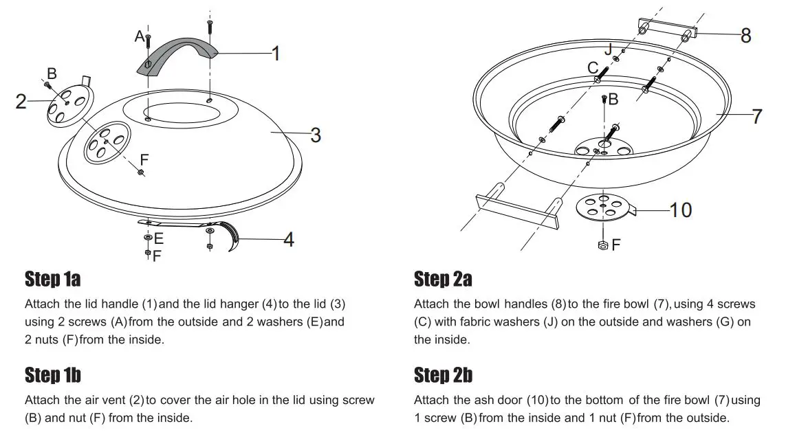 Adexa YH22022B Porcelain Enamel Kettle BBQ Charcoal Grill 86cm User Manual - Assembly Instructions
