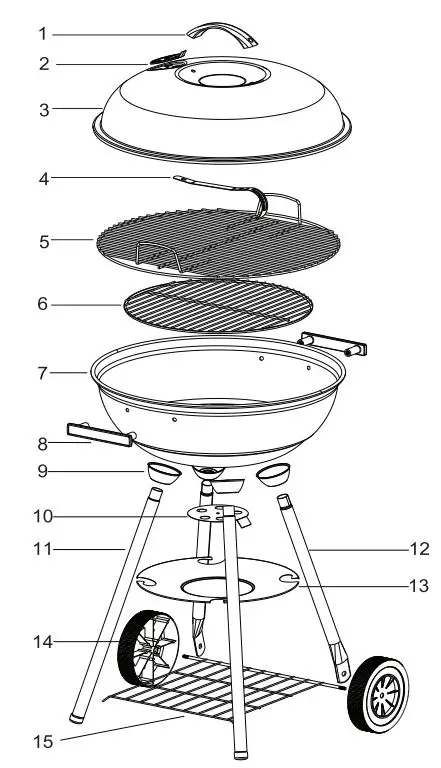 Adexa YH22022B Porcelain Enamel Kettle BBQ Charcoal Grill 86cm User Manual - Exploded View