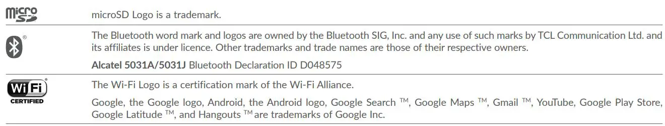 TCL 5031J 303 Dual SIM Smartphone Instructions - Licenses