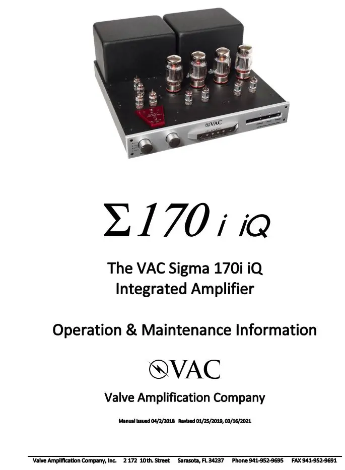 VAC Sigma 170i iQ Integrated Amplifier Instruction Manual