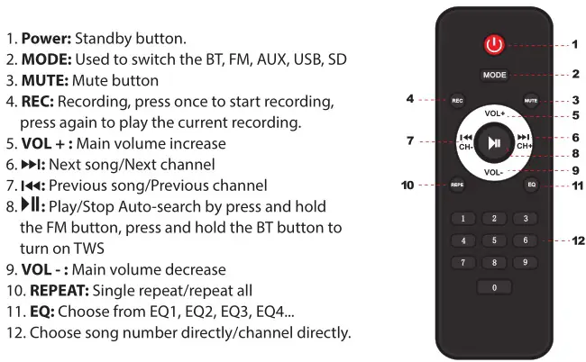 Pyle Portable PA & Karaoke Party Audio Speaker - REMOTE CONTROL FUNCTIONS