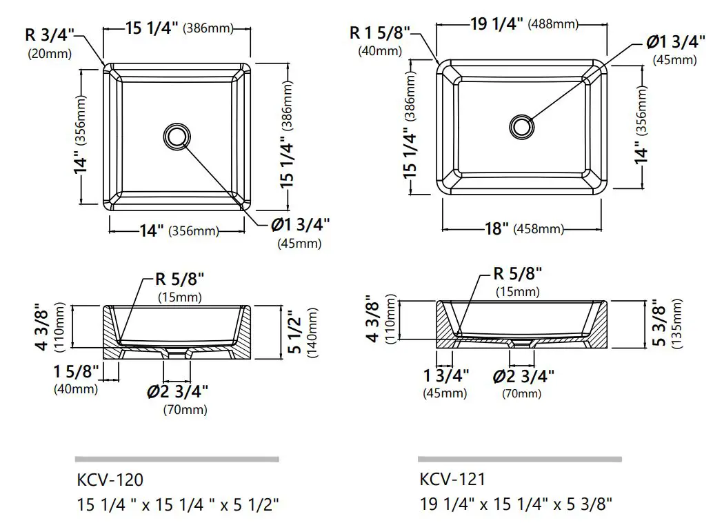 Kraus Ceramic Bathroom Vessel Sinks Installation Guide - Dimensions