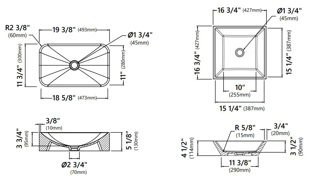 Kraus Ceramic Bathroom Vessel Sinks Installation Guide - Dimensions