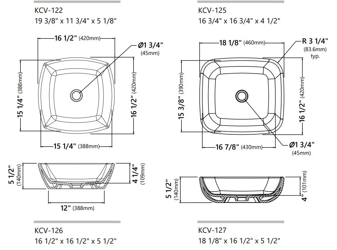 Kraus Ceramic Bathroom Vessel Sinks Installation Guide - Dimensions
