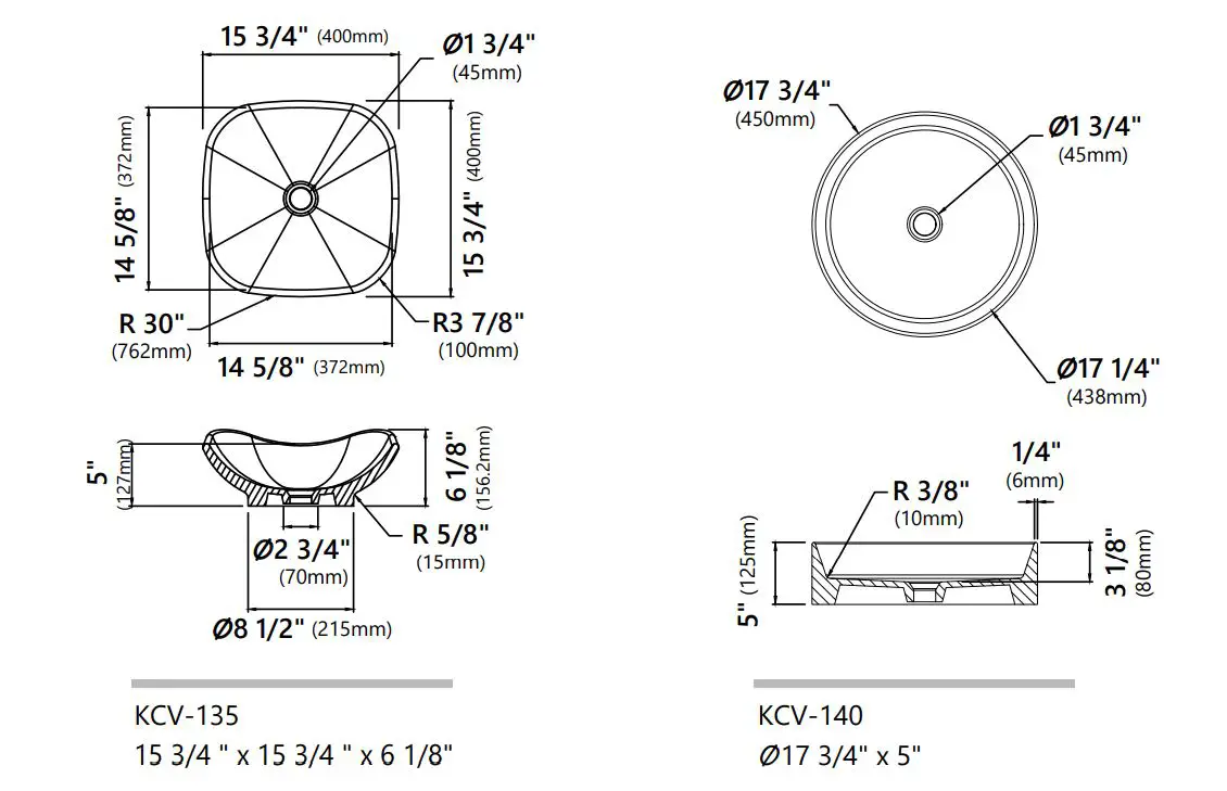 Kraus Ceramic Bathroom Vessel Sinks Installation Guide - Dimensions