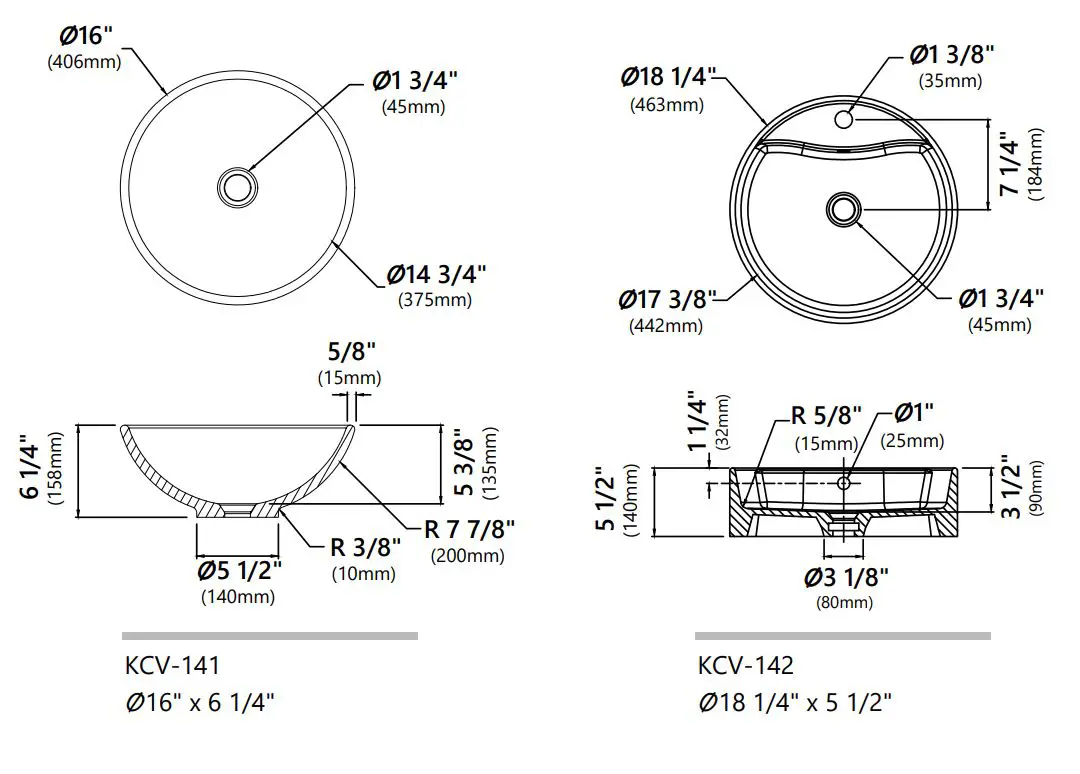 Kraus Ceramic Bathroom Vessel Sinks Installation Guide - Dimensions