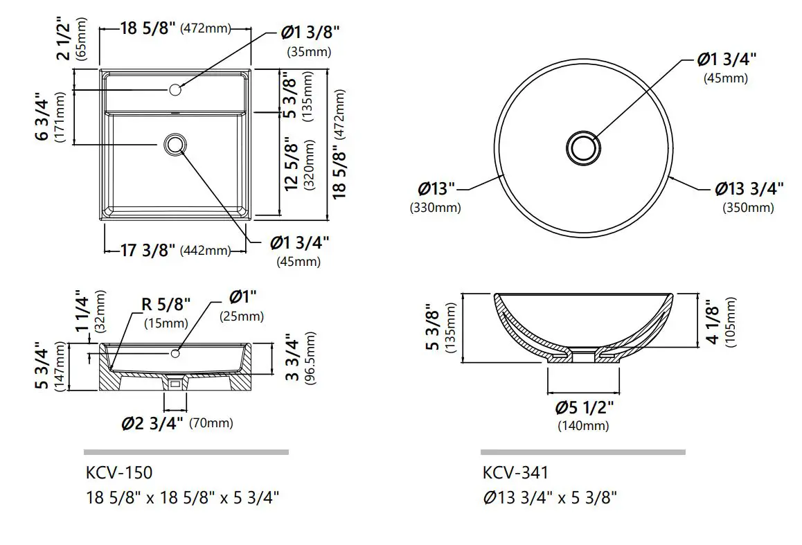 Kraus Ceramic Bathroom Vessel Sinks Installation Guide - Dimensions