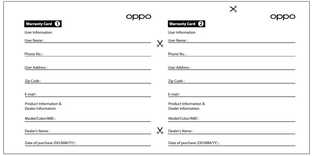 Oppo CPH2127 Mobile Phone - warranty card