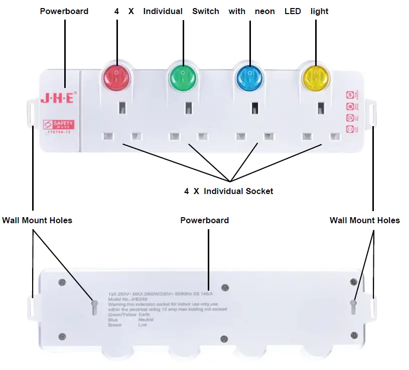 PowerPac JHE848 x JHE 4 Way Extension Cord with 2 Pin Direct fig 1