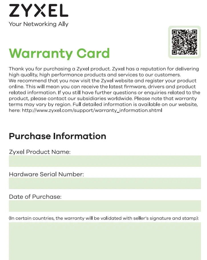 ZYXEL NBG6615 AC1200 MU MIMO Dual Band Wireless Gigabit Router User Guide - Warranty Card