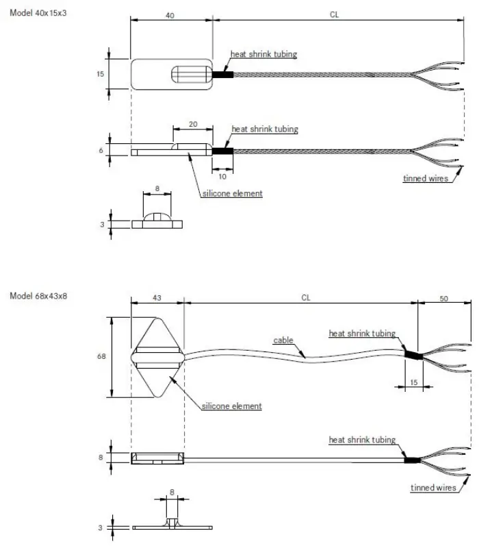 EPIC SENSORS Silicone Patch Sensor with Cable Type T SIL PATCH W SI PATCH - Dimensional drawing