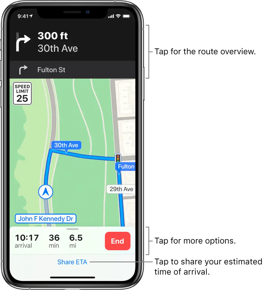 A map showing a driving route, including a direction to take a right turn in 300 feet. Near the bottom of the map, the arrival time, travel time, and total mileage appear to the left of the End button. Share ETA appears at the bottom of the screen.