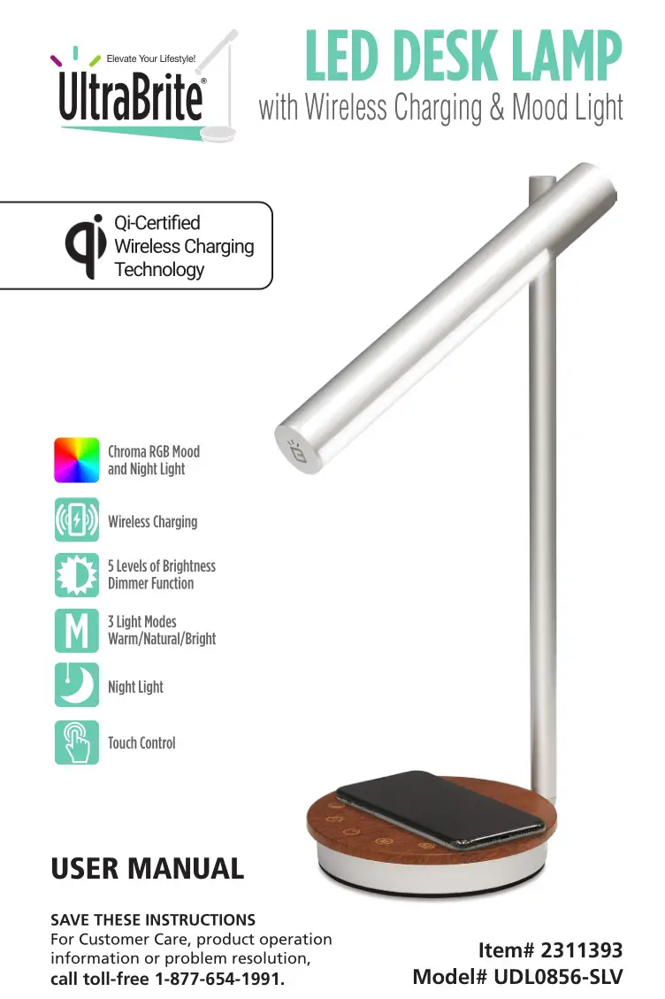 UltraBrite Led Desk Lamp with Wireless Charging & Mood Light User Manual