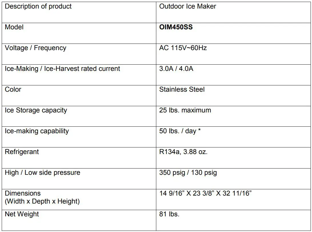 EDGESTAR OIM450SS Outdoor Ice Maker Owner's Manual - Specifications