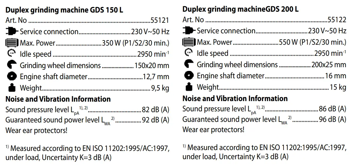 GDS 150 L Double grinde Technical Data