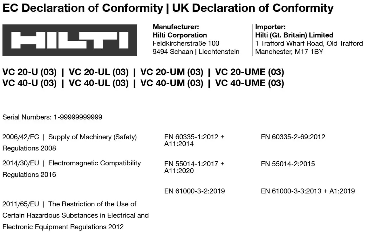 HILTI VC 20 Wet and Dry Jobsite Vacuum Cleaners Instruction Manual - EC Declaration of Conformity