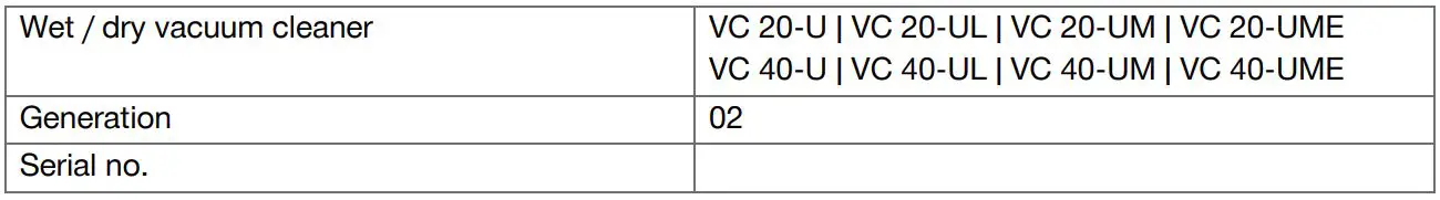 HILTI VC 20 Wet and Dry Jobsite Vacuum Cleaners Instruction Manual - Product information