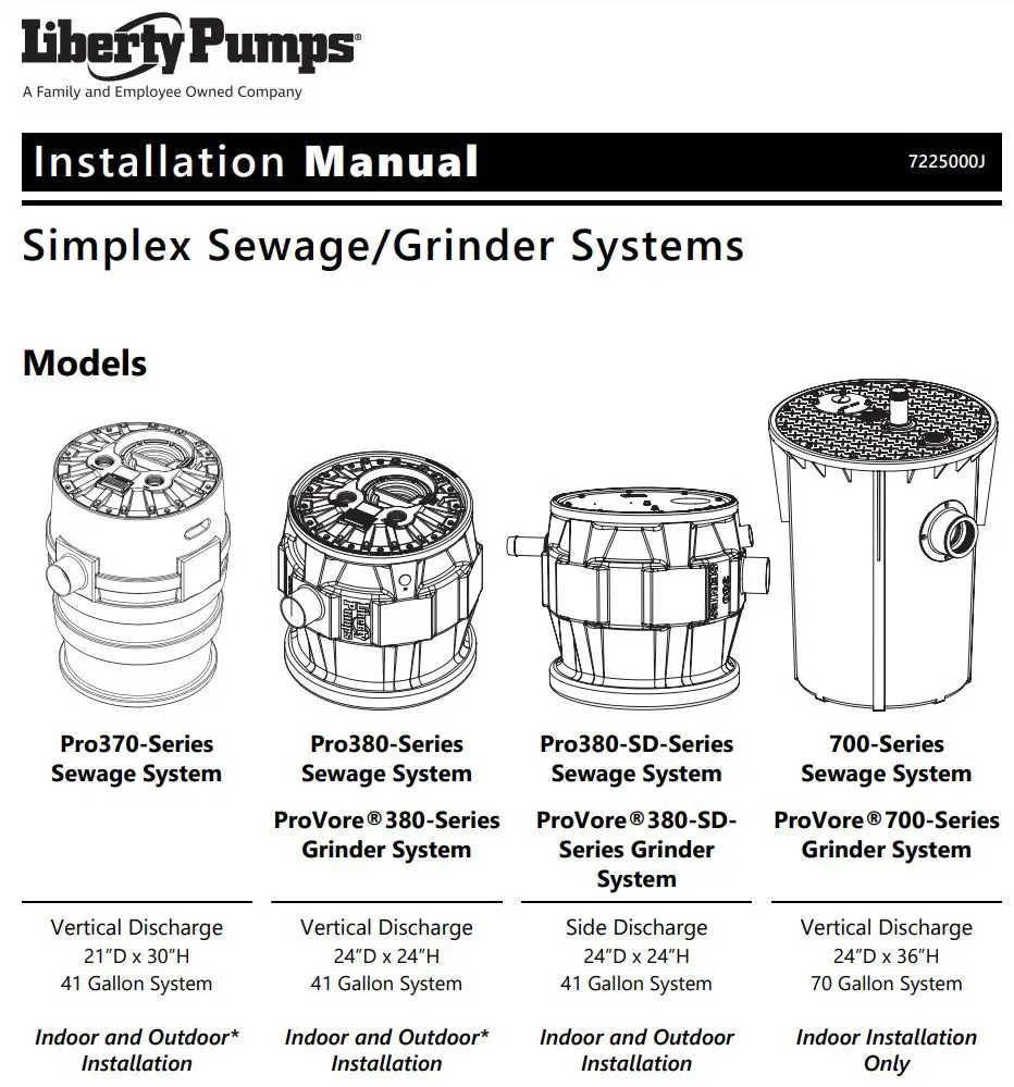Liberty Pumps Pro370-Series Simplex Sewage Grinder Systems Installation Guide