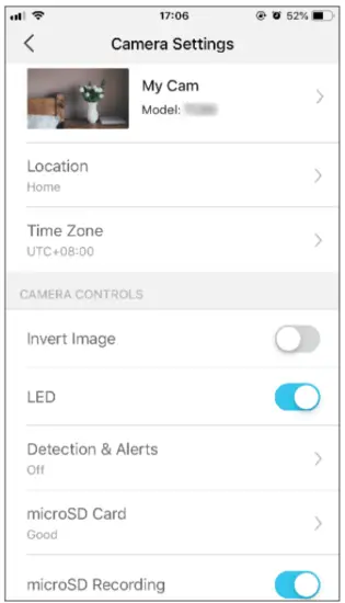 tp link TC70 Pan Tilt Home Security Wi-Fi Camera - Camera Settings