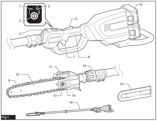 makita DUA301 Cordless Telescopic Pole Saw - Fig 1