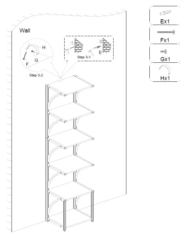 BYBLIGHT-BB-JW0149DT-Rustic-Brown-Wood-6-Shelf-Etagere-Standard-Bookcase-Instruction-FIG-6