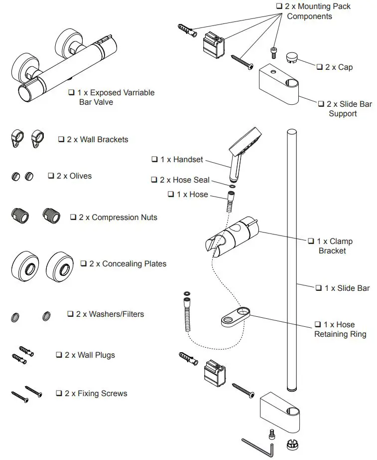 KOHLER Mira Atom EV Thermostatic Bar Valve User Guide - Pack Contents