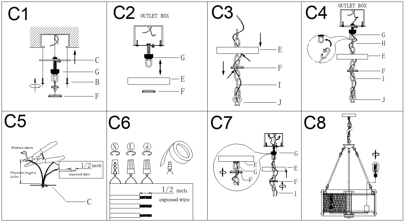 LNC A03830 19 Inch 5 Light Dark Brown Drum Wood Round Chandelier Pendant - ASSEMBLY AND INSTALLATION INSTRUCTIONS 3