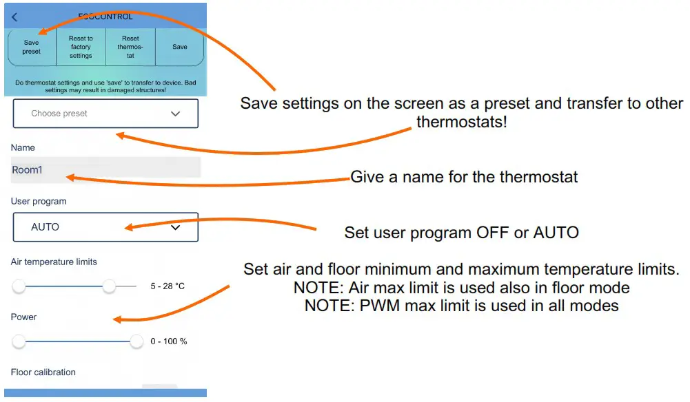 Elektro importoren IP21 Room Snow Melting Exxact - THERMOSTAT SETTINGS
