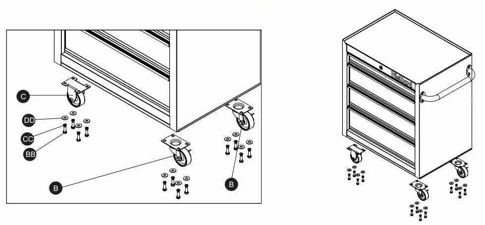 DieHard 10889 4-Drawer 26-Inch Mobile Cabinet User Manual - Install the fixed casters