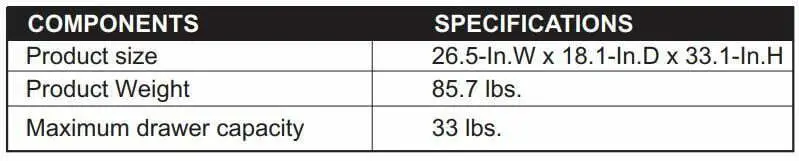 DieHard 10889 4-Drawer 26-Inch Mobile Cabinet User Manual - PRODUCT SPECIFICATIONS