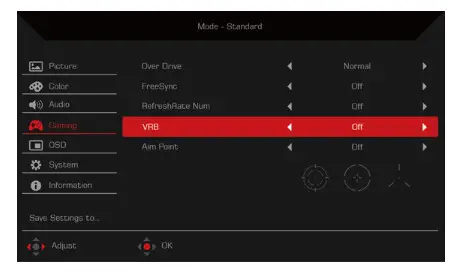 Acer LCD Monitor -Adjusting the Gaming