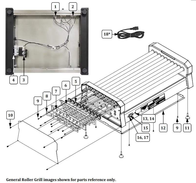 GOLD MEDAL 8552 00 001 hot Diggity Pro X Roller Grill Non Stick Rollers Parts Breakdown 1