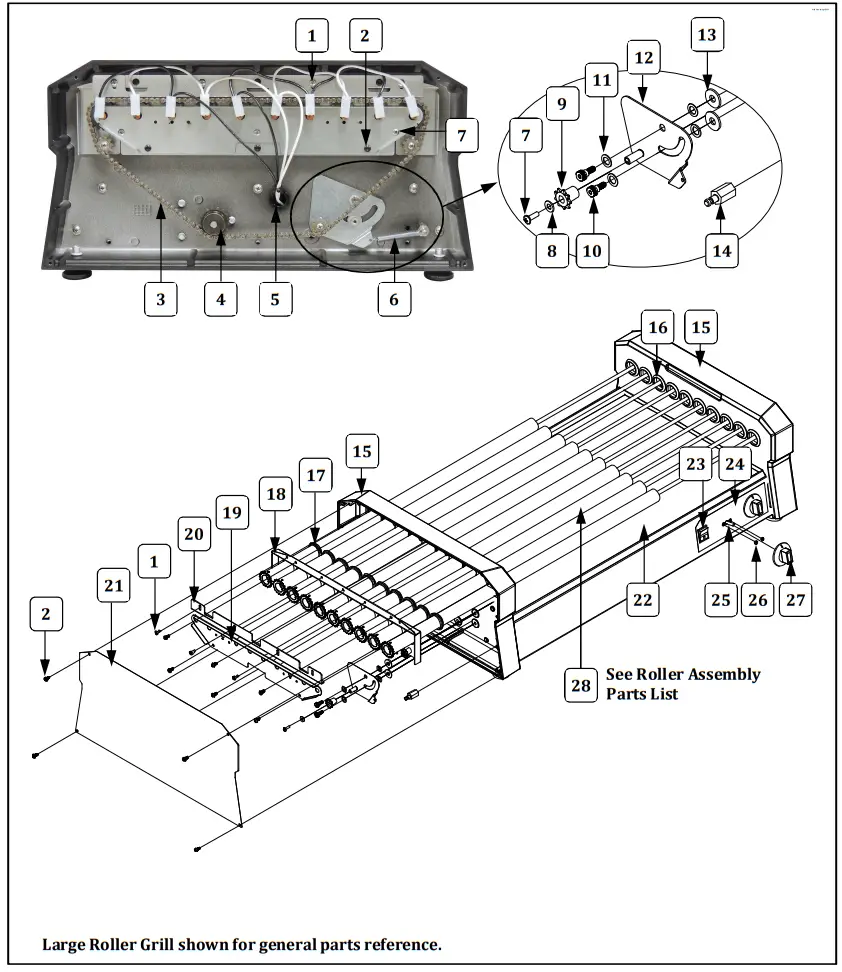 GOLD MEDAL 8552 00 001 hot Diggity Pro X Roller Grill Non Stick Rollers Parts Breakdown