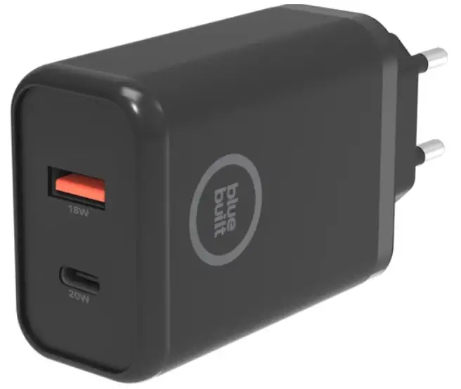 bluebuilt BBTL36Z Dual Port Charger PD QC 20W Power Delivery and Quick Charge Charger