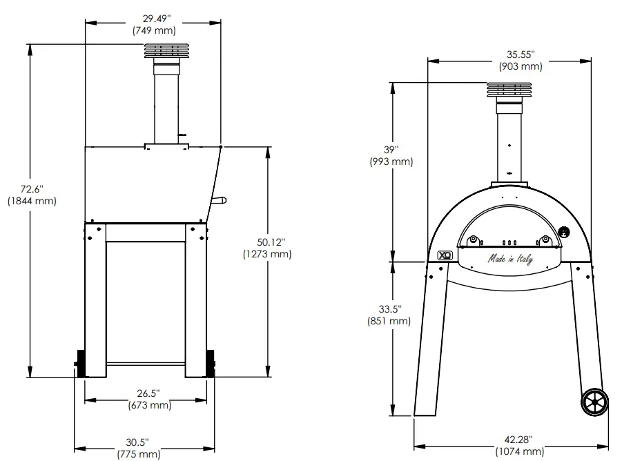 XOPIZZA2FS Wood Fired Pizza-Hearth Oven - dimensions