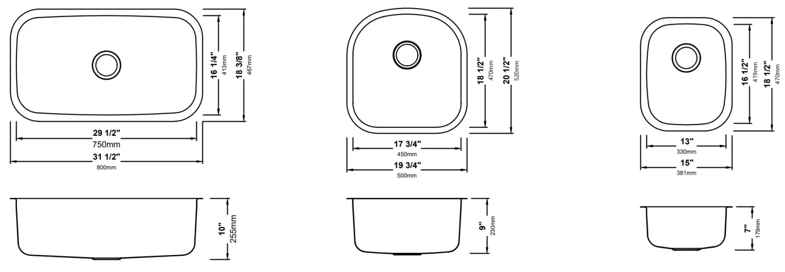 Kraus KBU10 Stainless Steel Undermount Kitchen Sink - Dimensions1