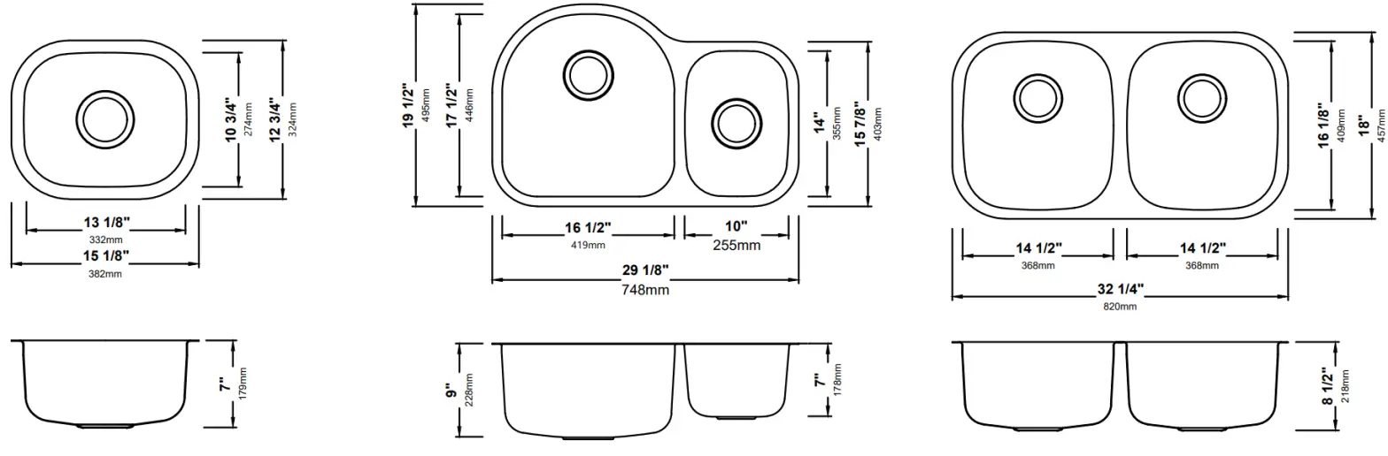 Kraus KBU10 Stainless Steel Undermount Kitchen Sink - Dimensions2