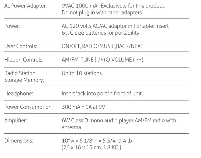 smpl Touch-Player Radio and Music Player - Technical Specifications